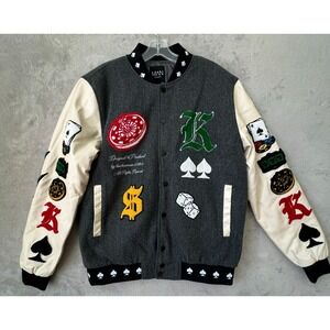 Boohoo MAN Letterman Varsity Bomber Patch Jacket Playing Cards Spade‎ Medium